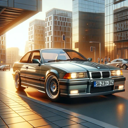 DALLE 2024 04 25 15 04 41 A realistic depiction of a BMW E36 car parked in an urban environment during the golden hour  The car is a classic model from the 1990